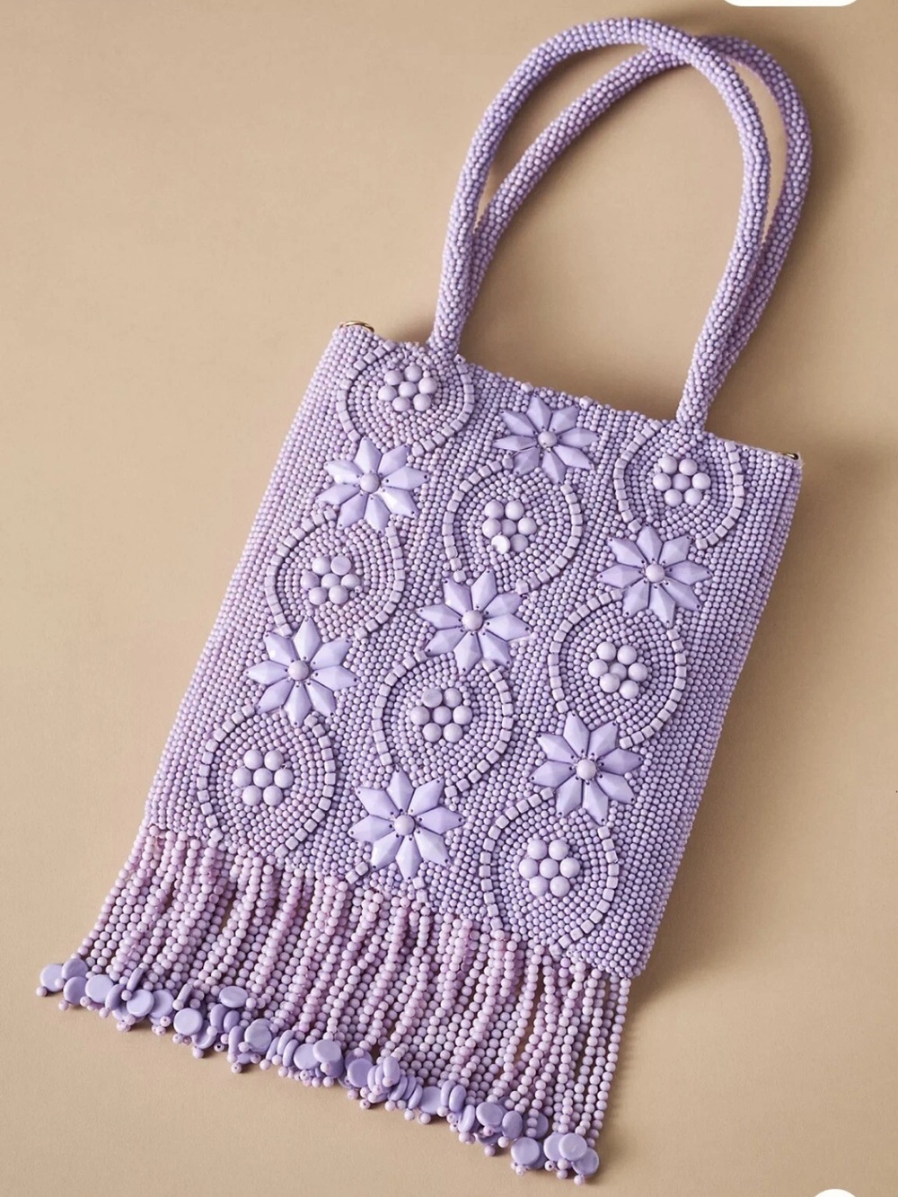 NWT Anthropologie Lilac Beaded Floral Mini Tote with Fringe lavender purple - Picture 4 of 13